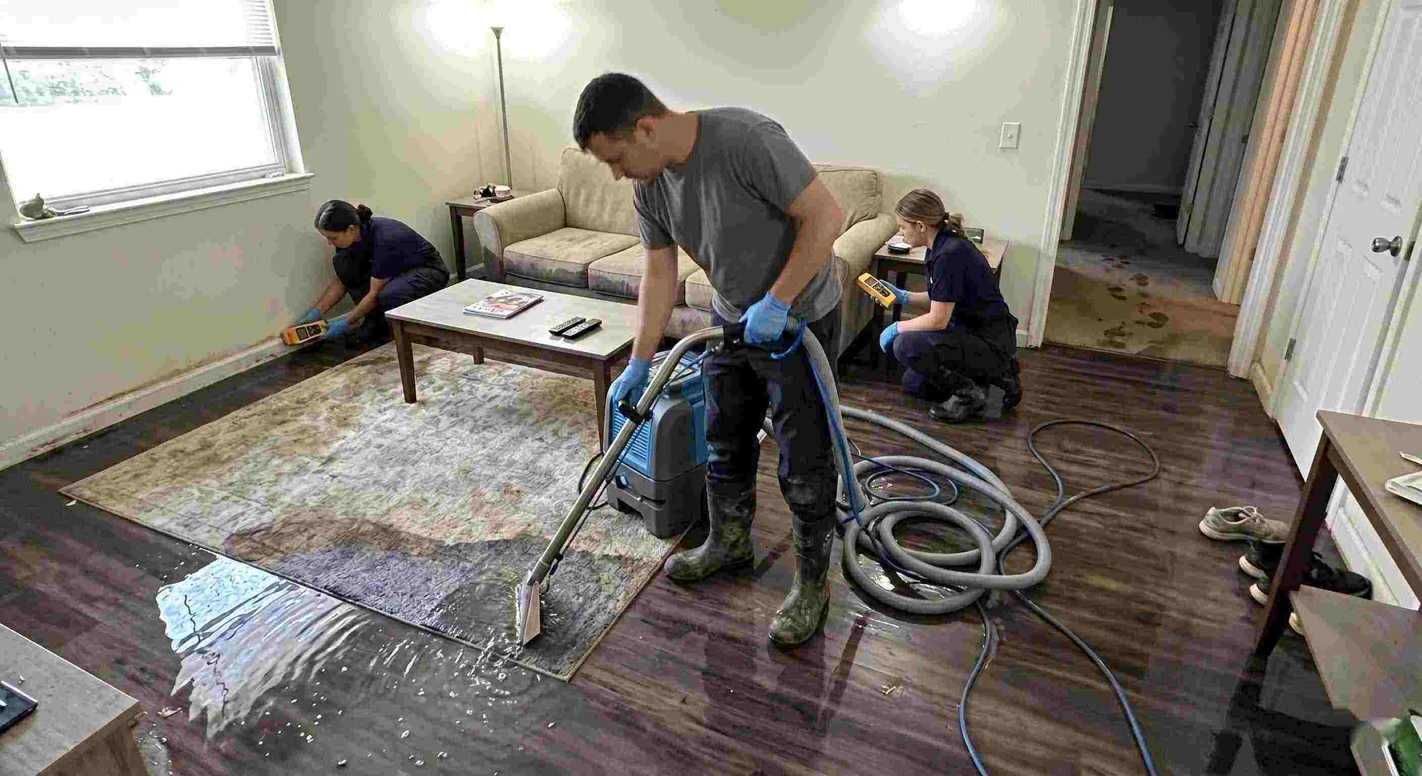 Standing water extraction service removing pooled water inside a home in Wichita