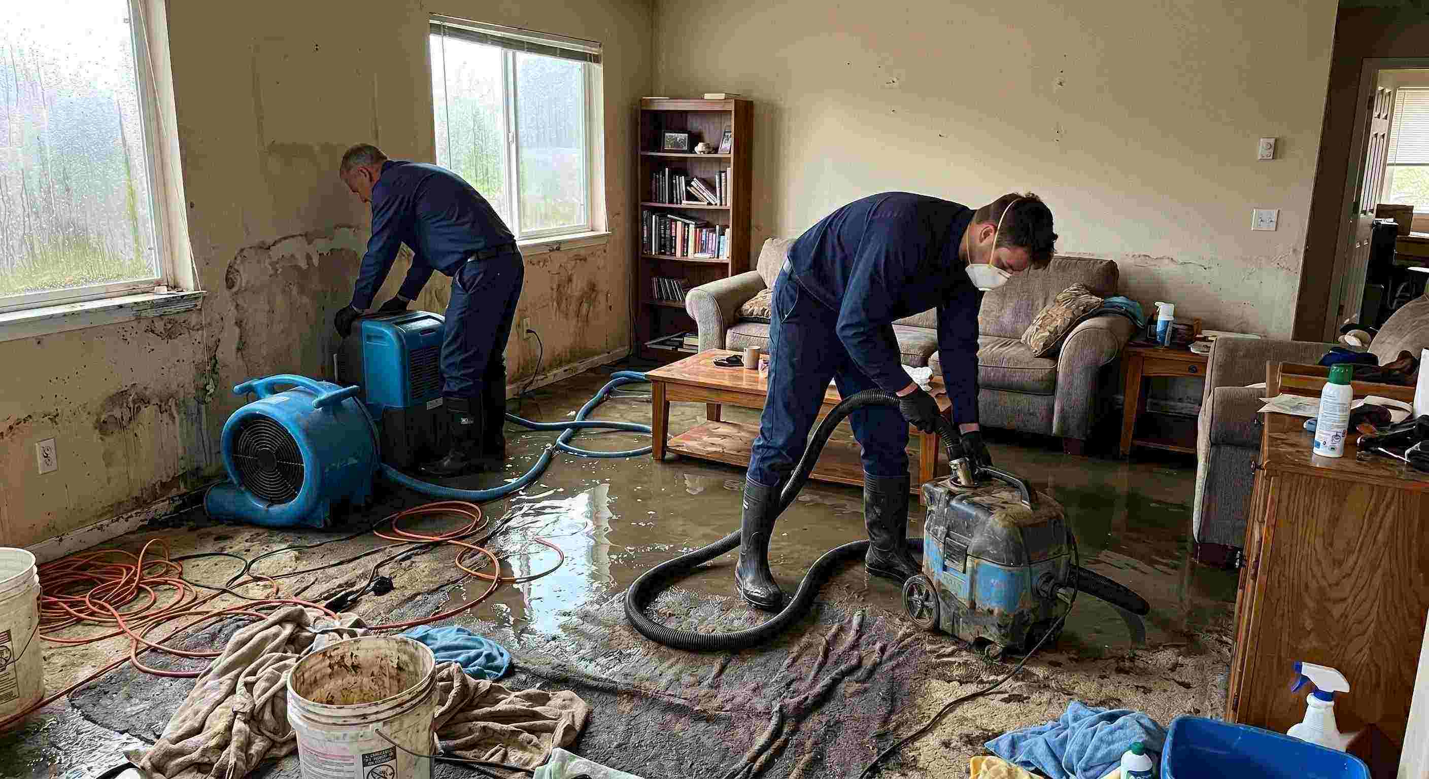 Storm water damage cleanup in a residential home showing technicians removing standing water and setting up drying equipment in Wichita.