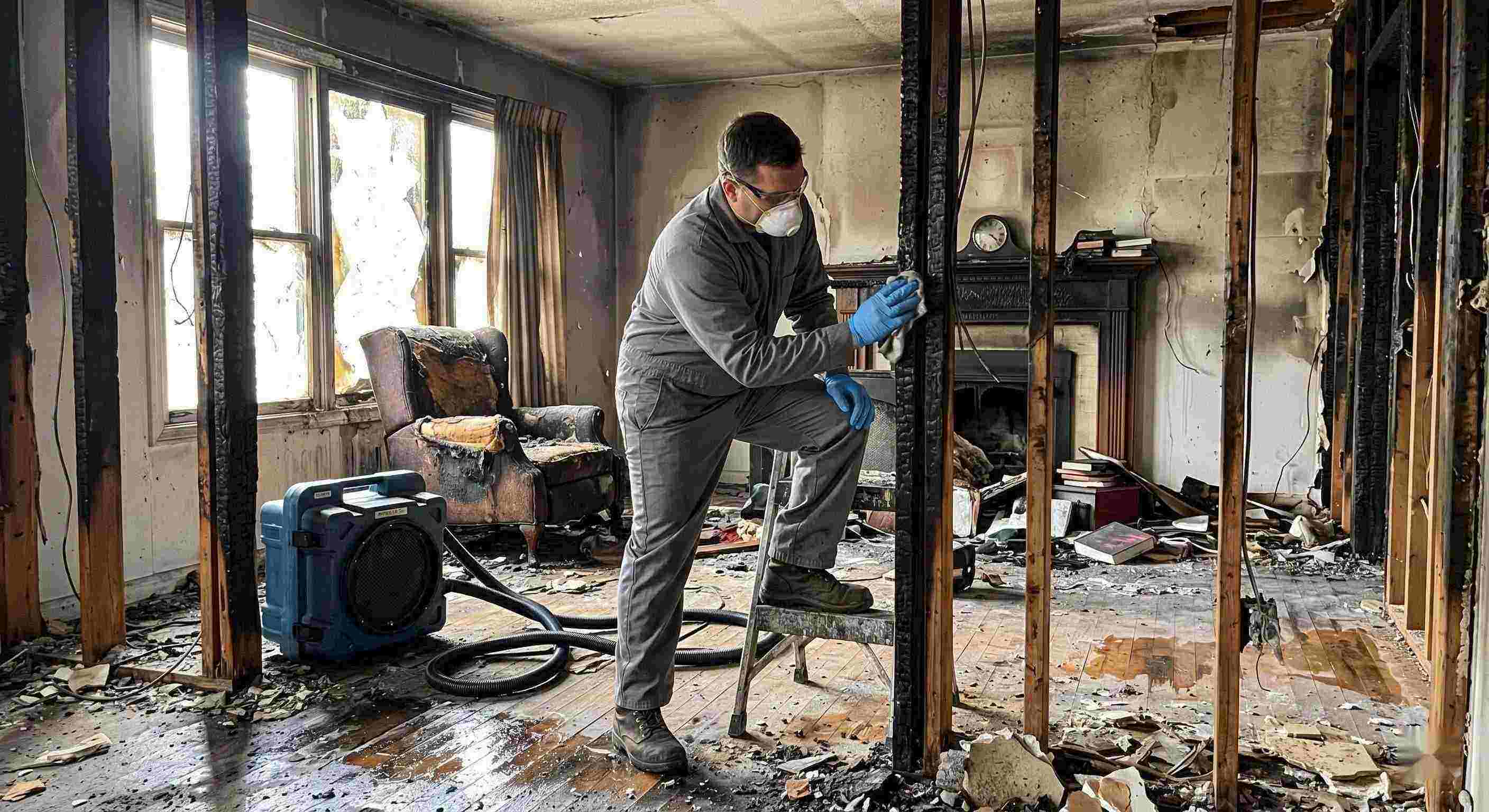 Fire damage structural cleaning after a residential fire in Wichita showing soot-covered beams, charred walls, and a technician restoring the home.