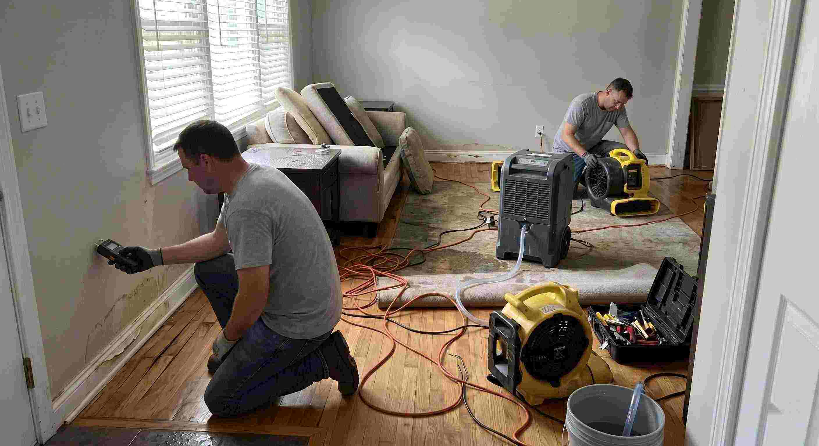 structural drying and dehumidification equipment removing moisture inside a water damaged home in Wichita