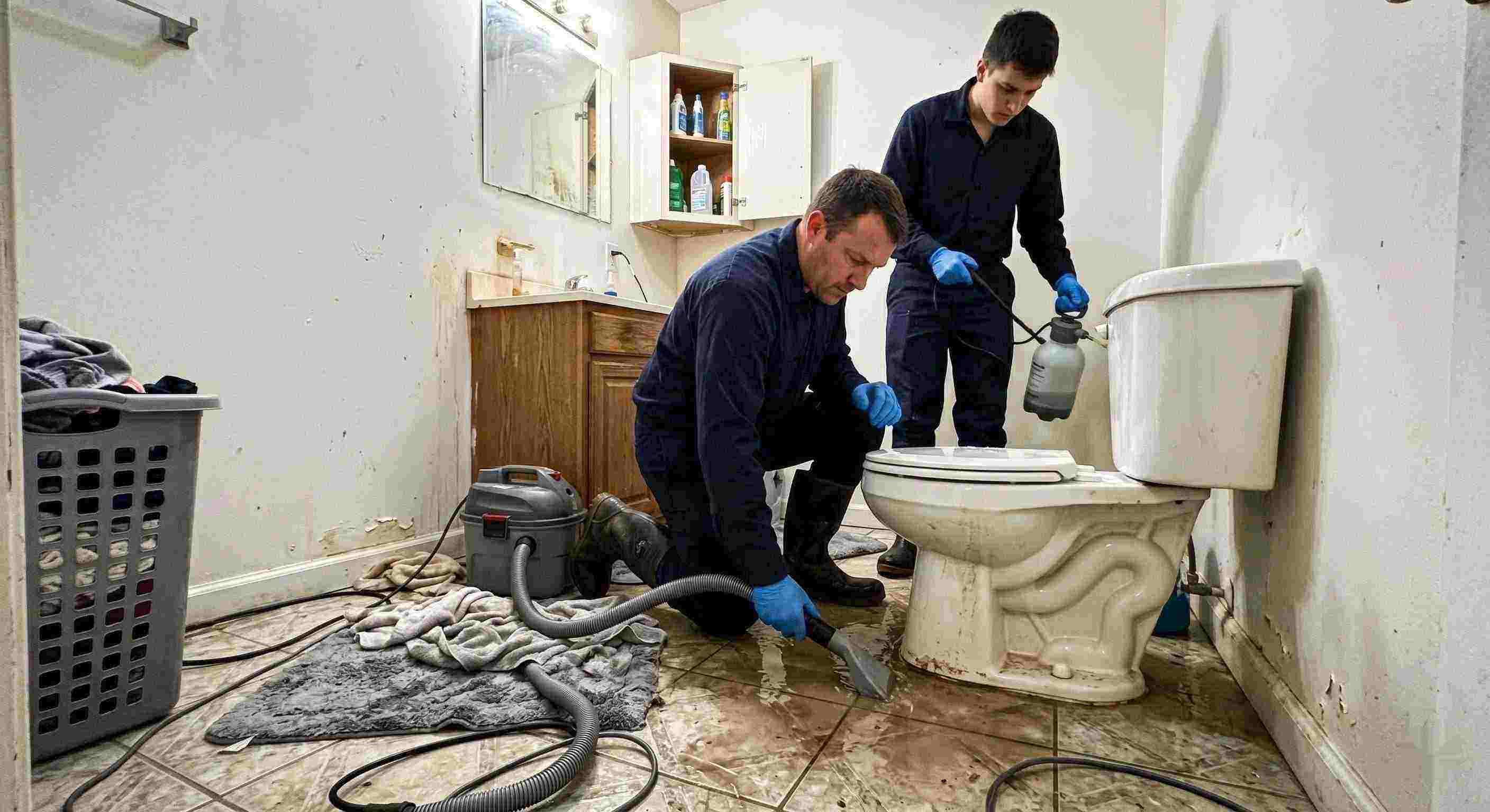 toilet overflow cleanup service in Wichita with technicians extracting contaminated water from bathroom floor