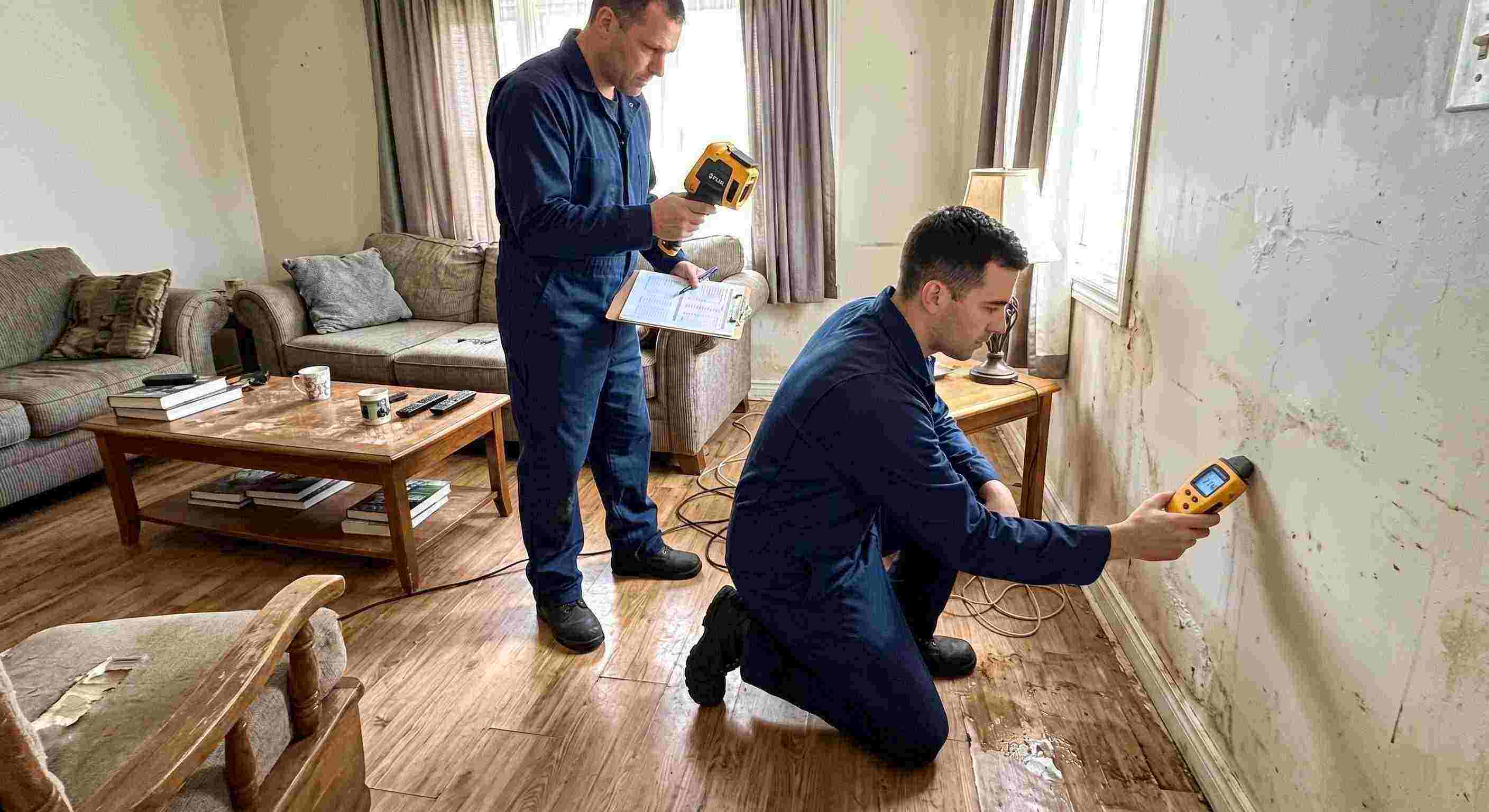 Fast water damage inspection technician using moisture meter and thermal imaging in Kansas City home