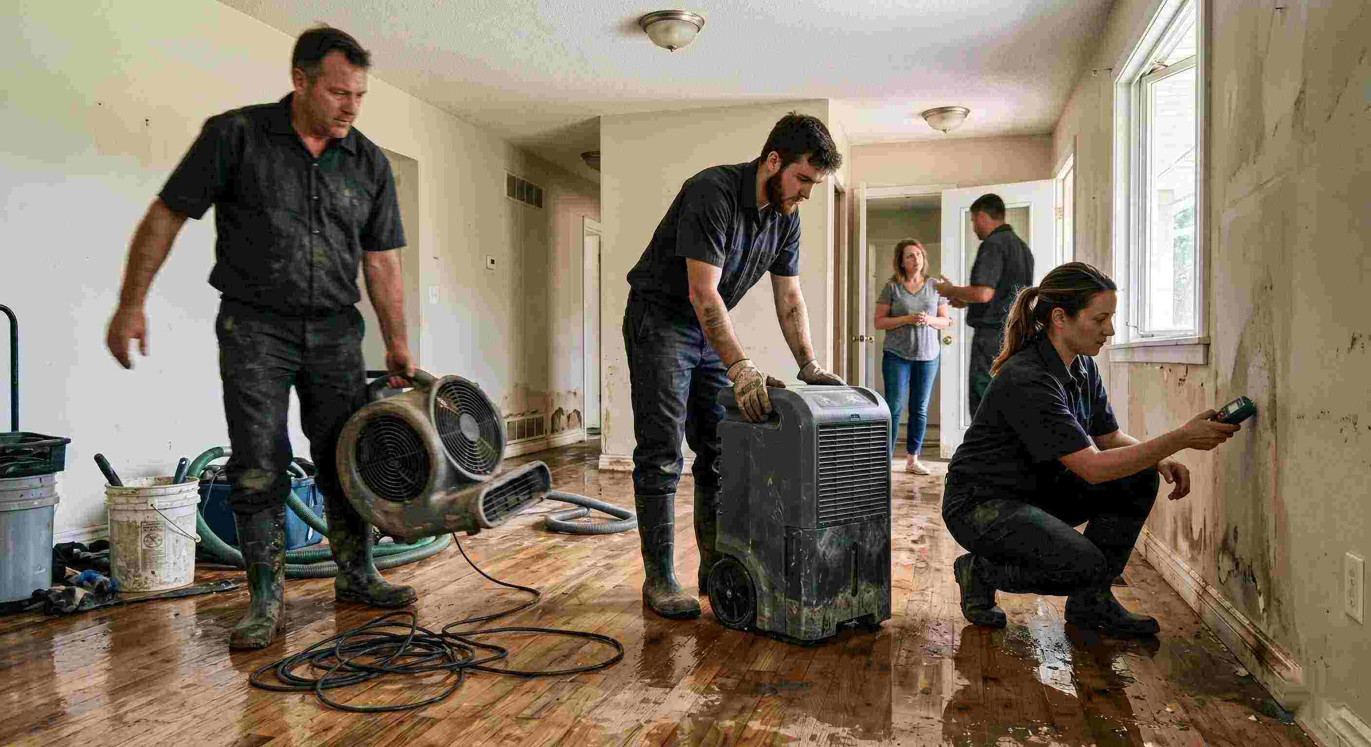 Professional trusted water damage restoration team in Kansas City using professional equipment for drying and inspection