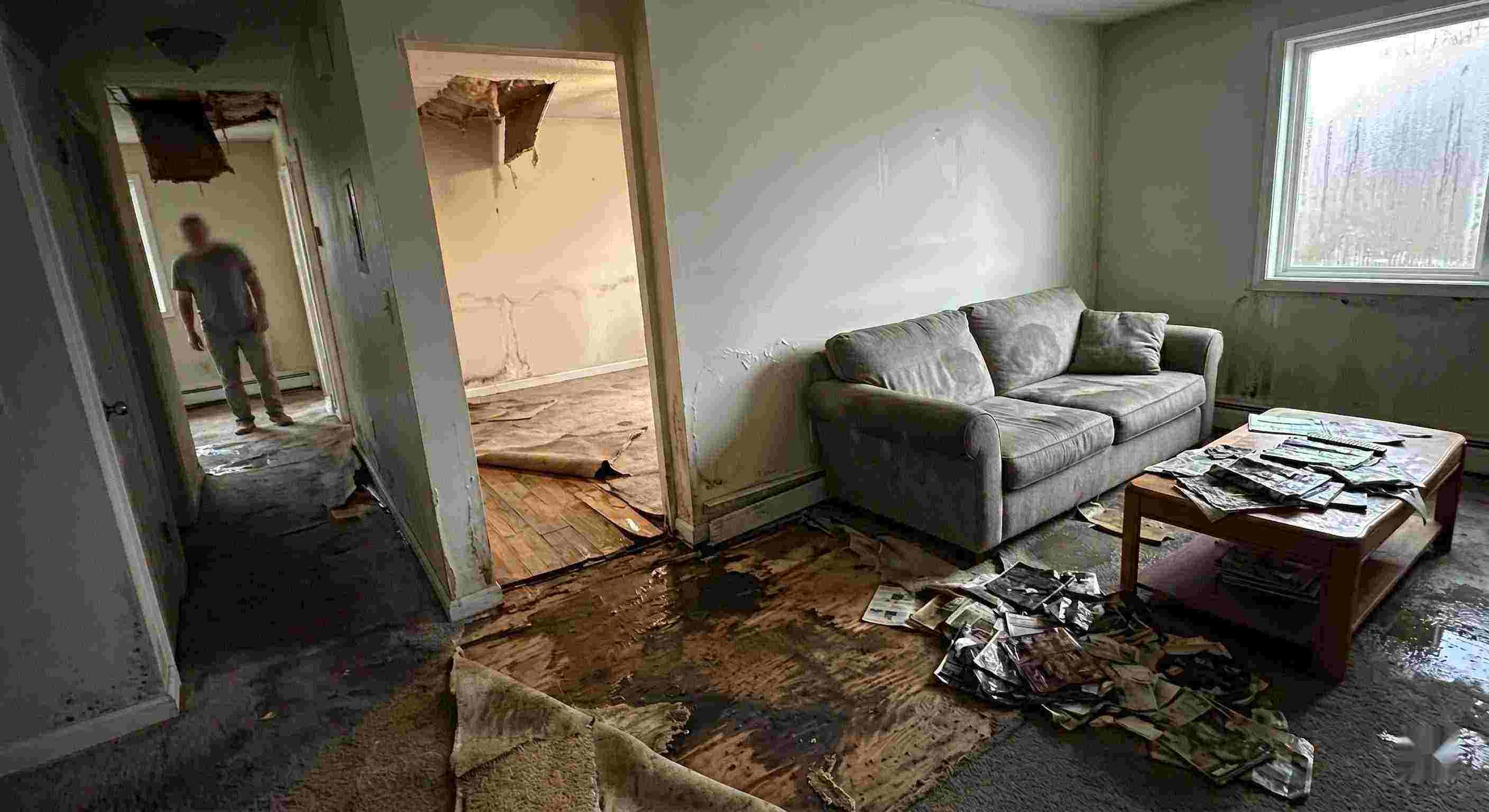 Best severe indoor water damage in Kansas City home with soaked floors, peeling walls, and structural deterioration