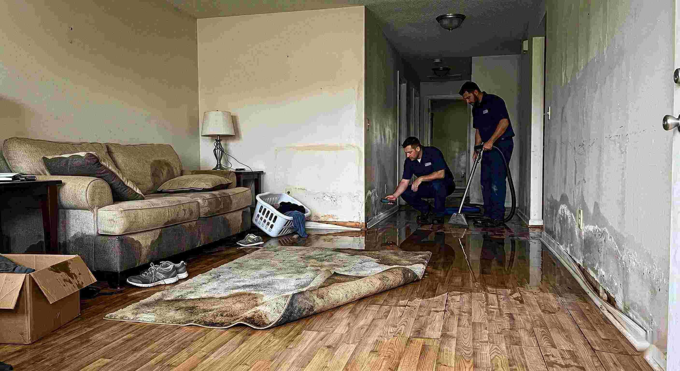 water damage spreading across floors and walls inside a home in Wichita showing soaked flooring and structural impact