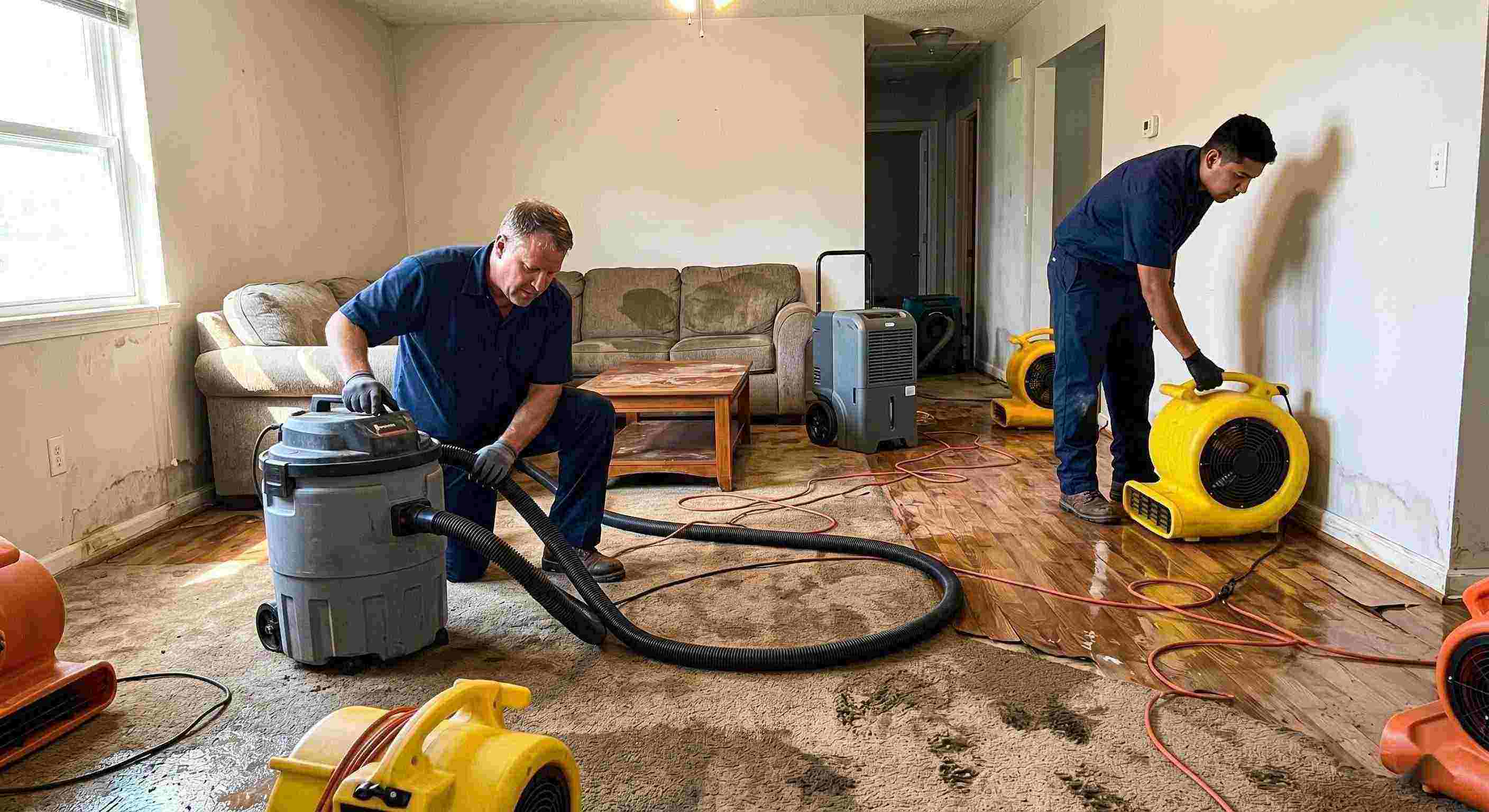 Top-rated water extraction and drying service in Kansas City removing standing water and moisture from flooded home interior