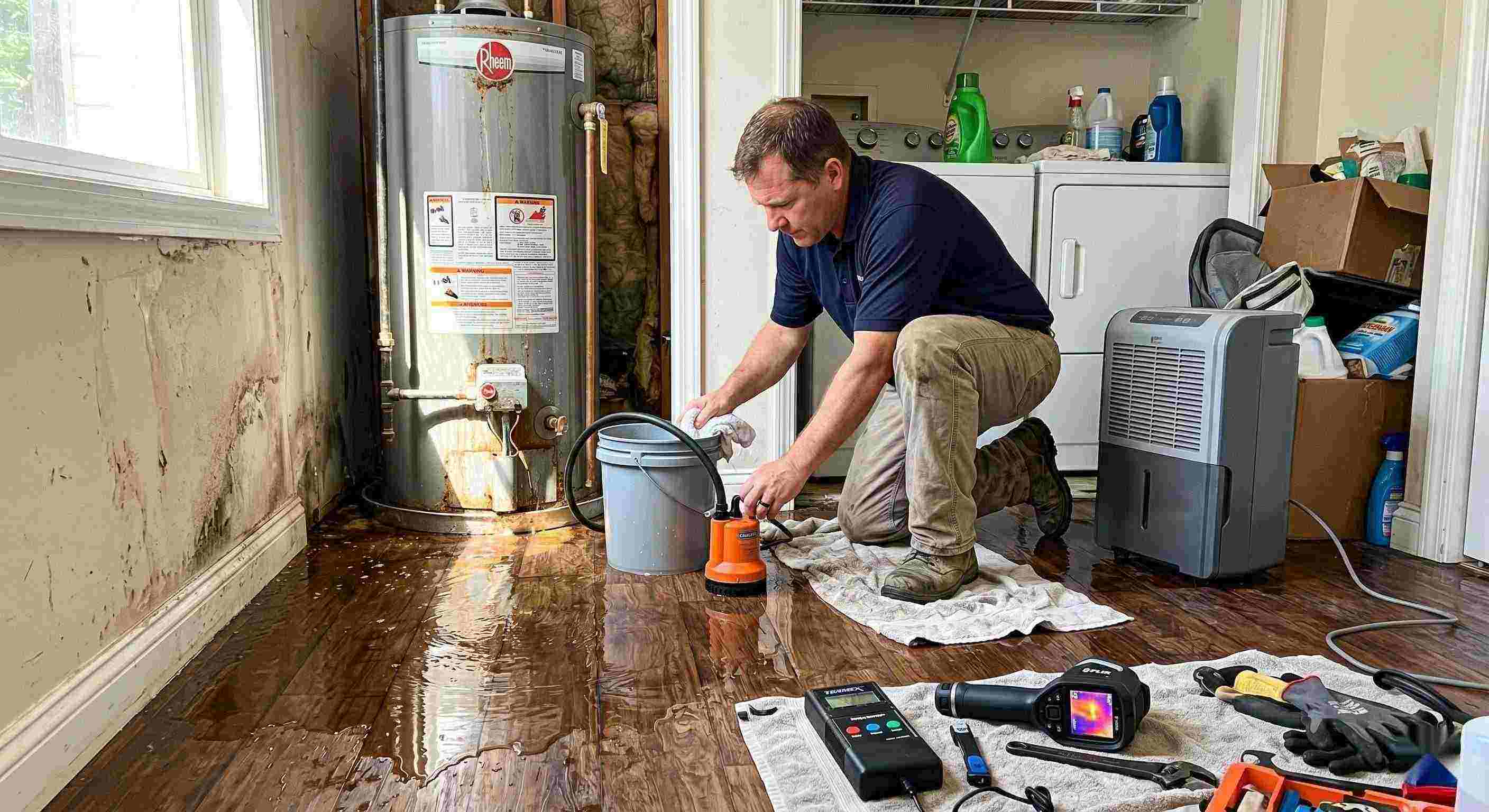 Technician performing water heater leak damage restoration in a home with water pooled on the floor and visible moisture damage in Wichita