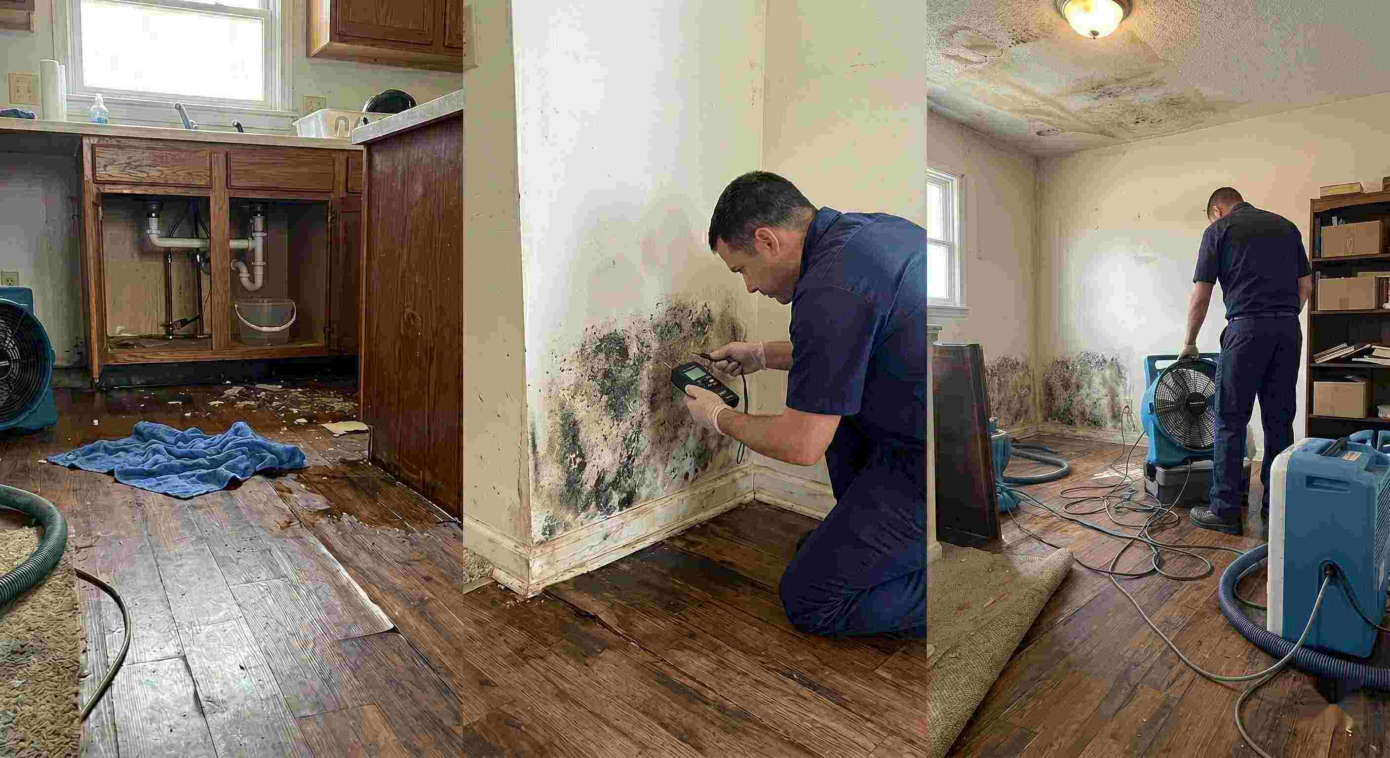 Realistic photo of water leak damage inside a home, showing pooled water, damp flooring, and technicians performing leak damage restoration in Wichita.