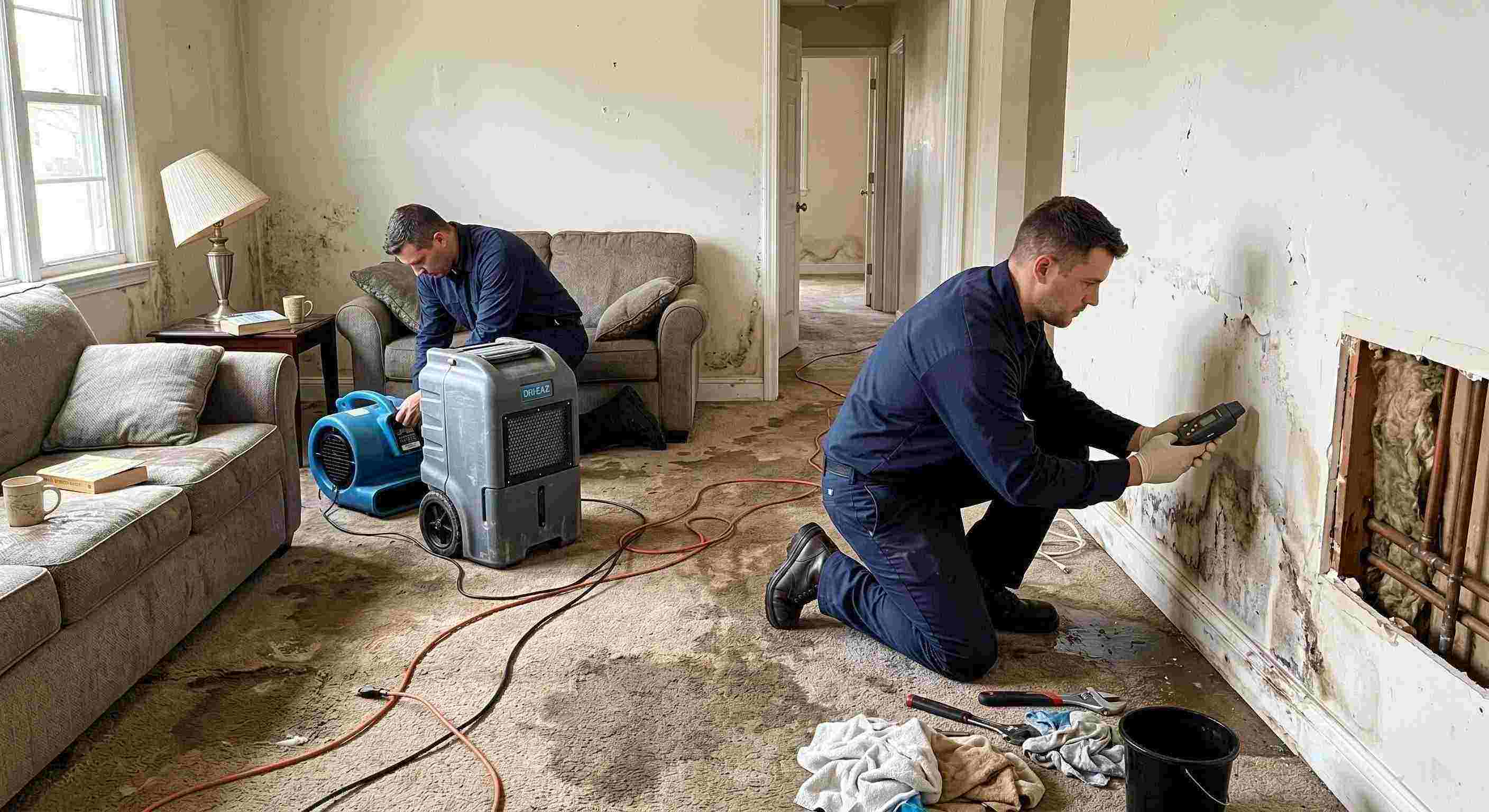 Realistic water leak damage repair scene in a residential home showing technicians locating and repairing a hidden pipe leak in Wichita.