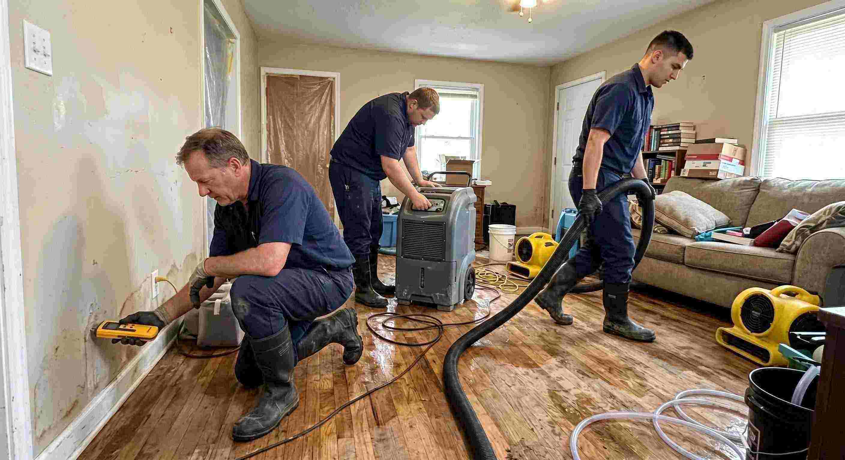 water restoration experts team using professional equipment during water extraction in Wichita