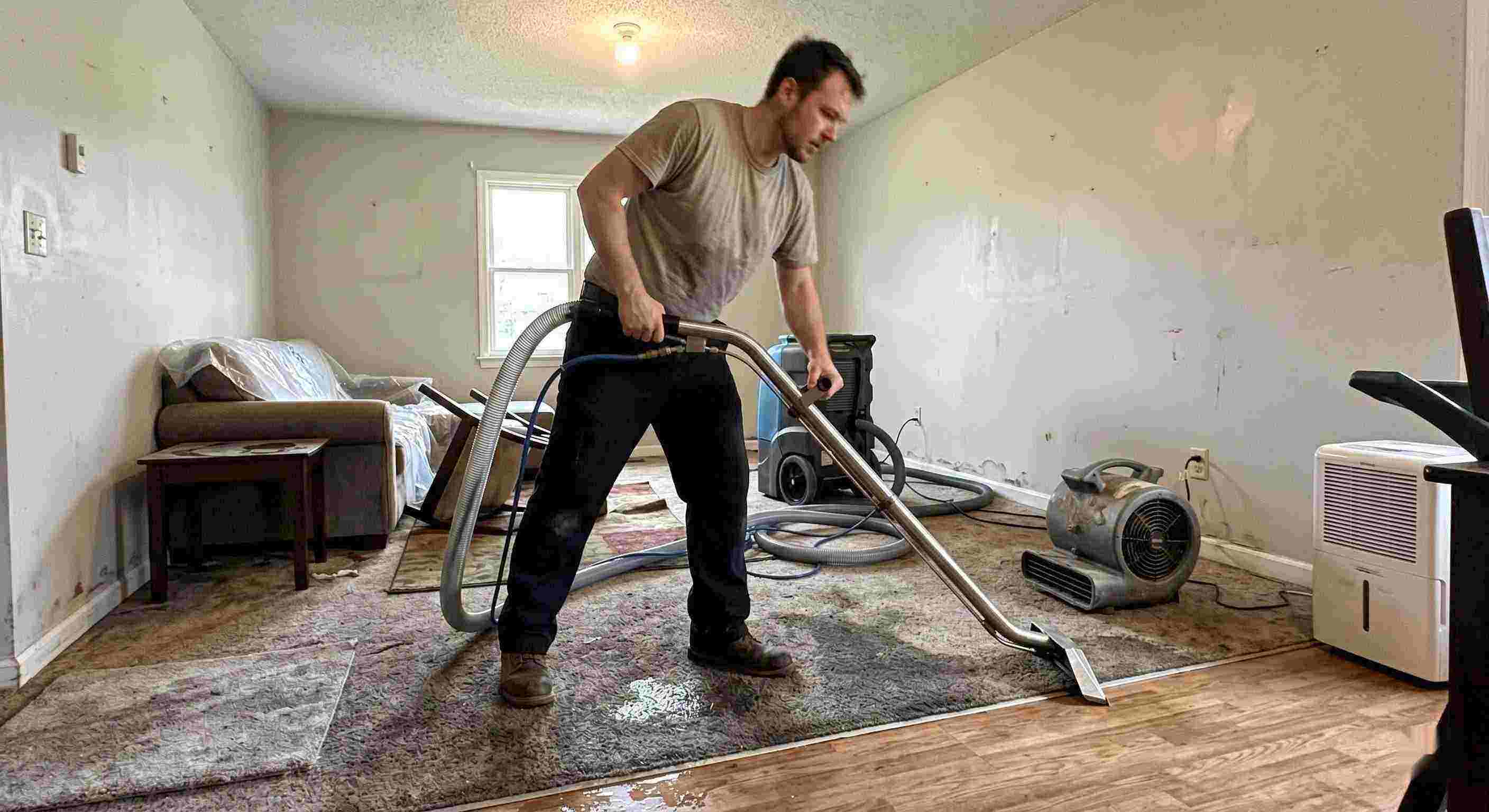 Water extraction technician removing water during restoration process in a residential home in Wichita