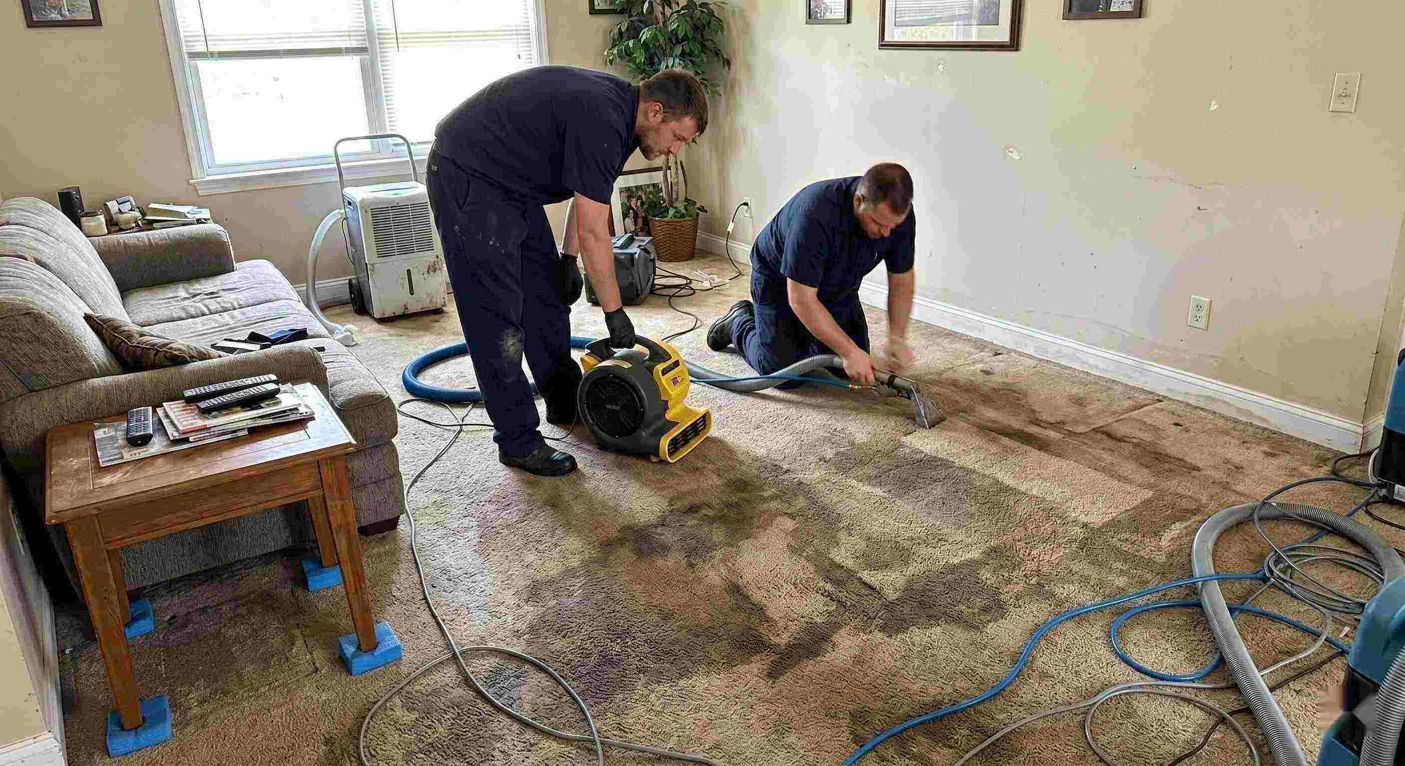 wet carpet cleanup service in Wichita removing moisture from soaked residential carpet using extraction and drying equipment