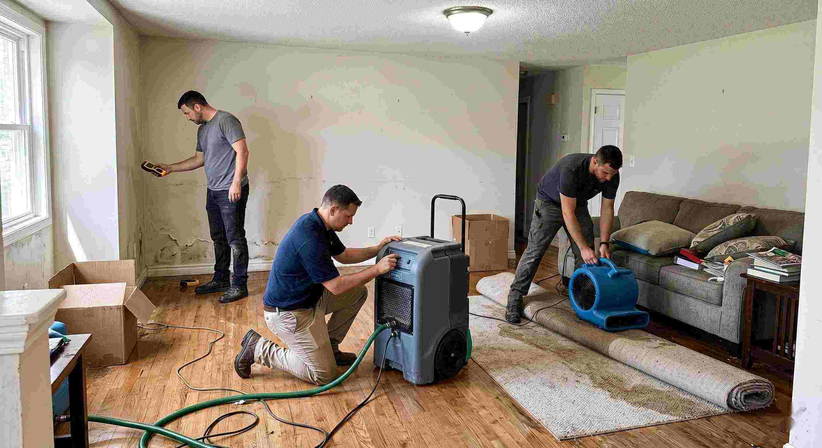 Local flood restoration team working in a water-damaged home, showing equipment and hands-on cleanup process in Wichita