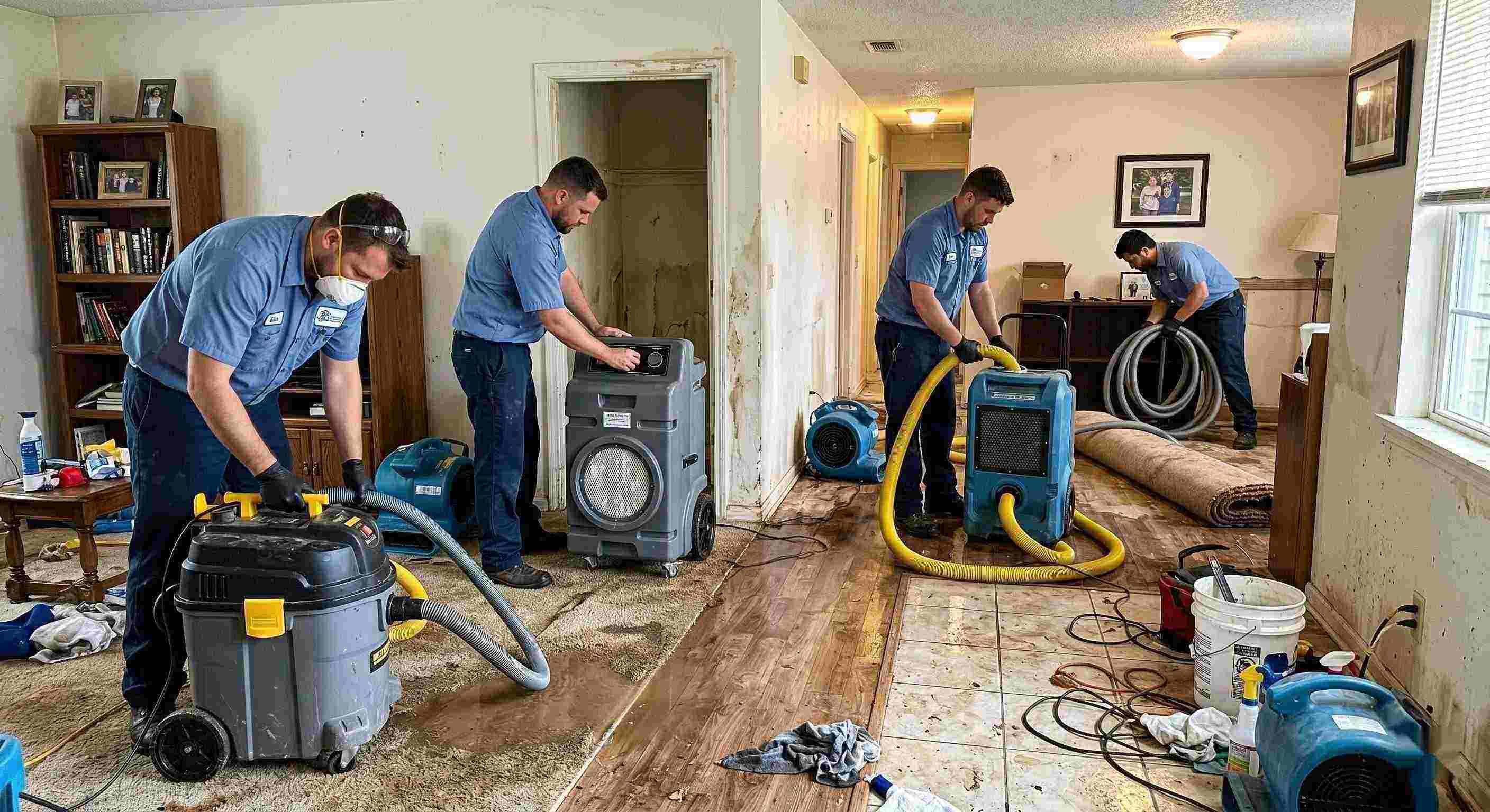 Realistic photo of sewage backup cleanup team using professional equipment in a home interior, showing trust, teamwork, and proper restoration techniques in Wichita.